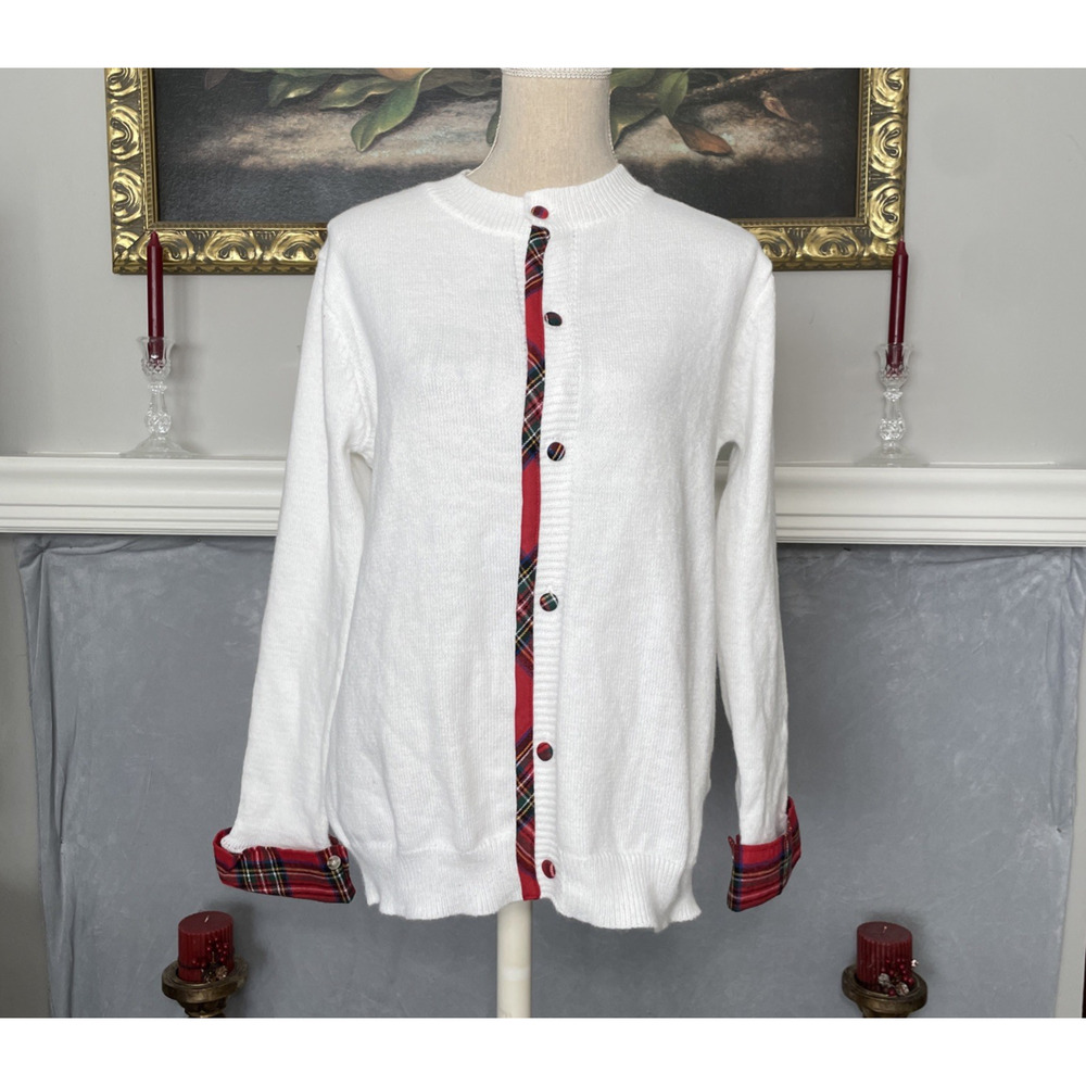 Unbranded White Preppy Plaid Cuffs Cardigan Sweater Large